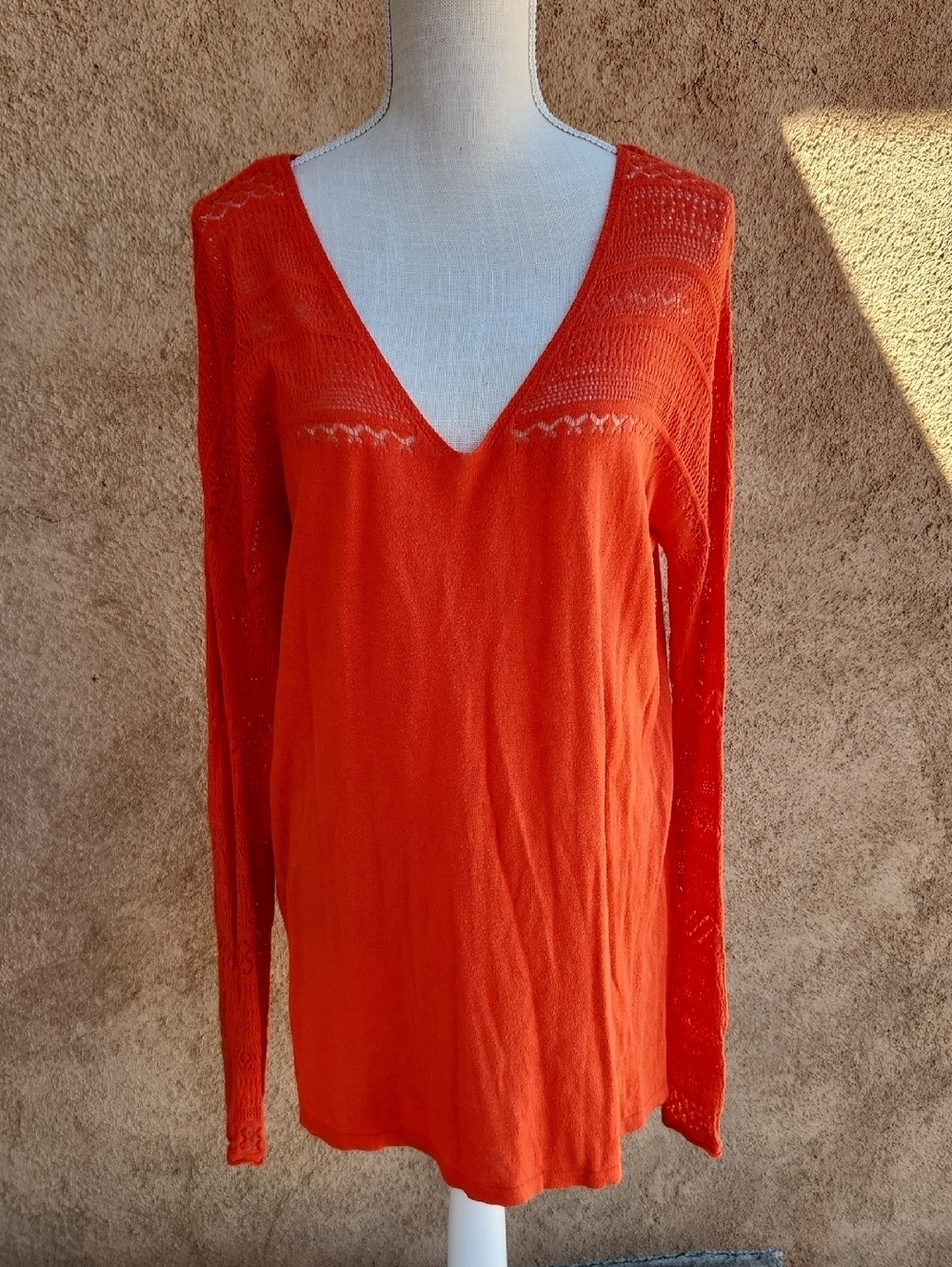 Cato Coton Blend Boho Lace Highlow Hem Tunic Deep Vneck Top Lagenlook Resortwear